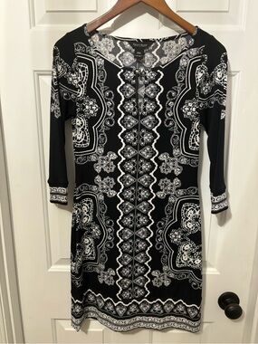 White House Black Market Black and White Printed Long-Sleeve Dress